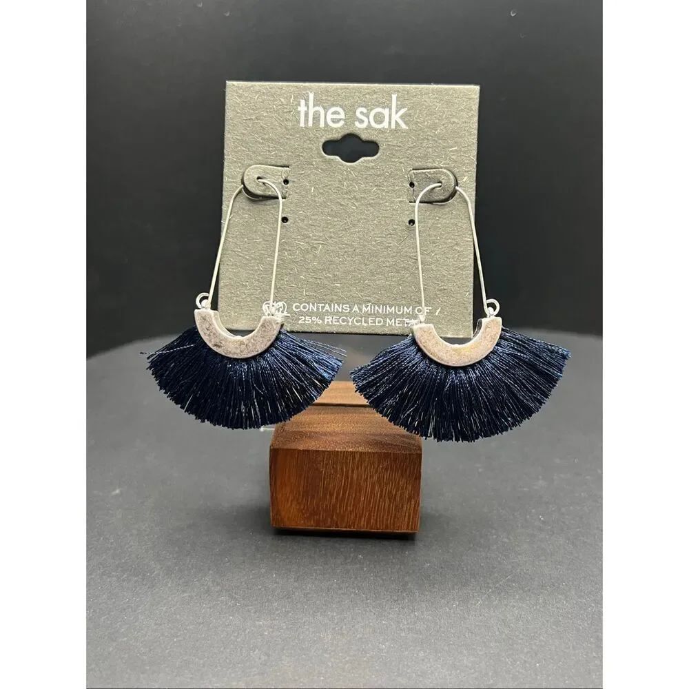New! The Sak Silver Tone Dark Blue Fringe Tassel Boho Dangle Hoop Earrings